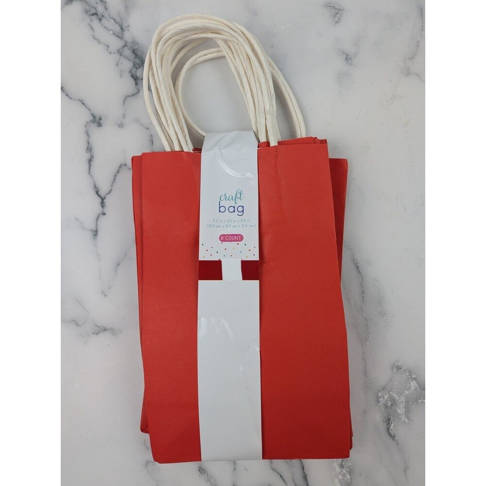 8 Pack Red Paper Gift Craft Bags With White Twisted Handle 8.5" x 5.2" x 3.5"